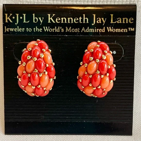 KJL Kenneth Jay Lane Earrings Signed Vintage Faux Coral Cabochon Post EUC - Picture 6 of 6